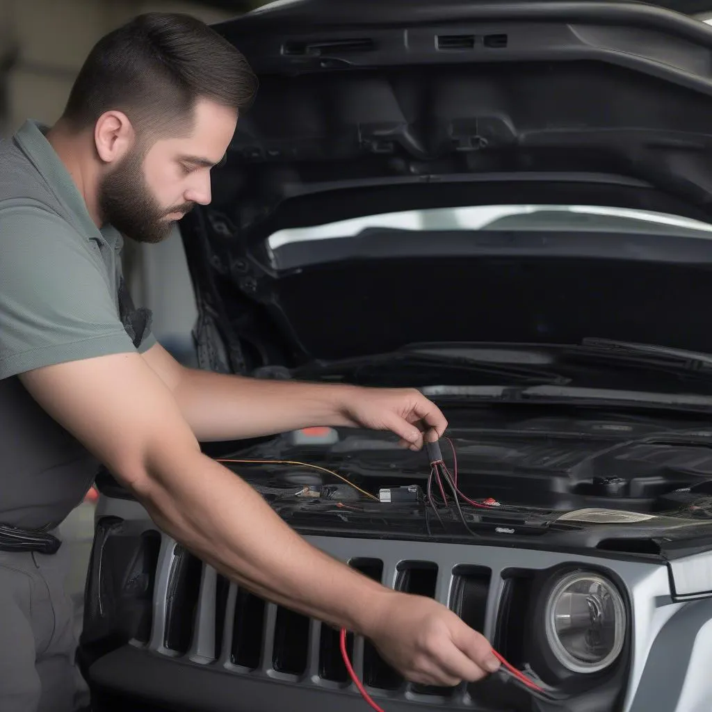 Professional mechanic installing a remote car starter in a Jeep Grand Cherokee