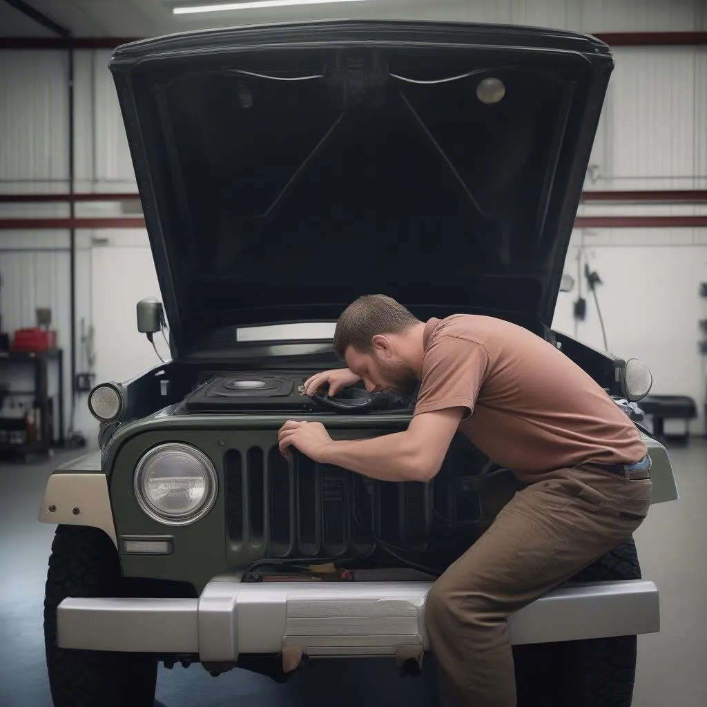 Mechanic Diagnosing a Jeep