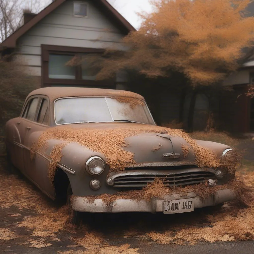 A rusty old car sits in a driveway in Minneapolis.