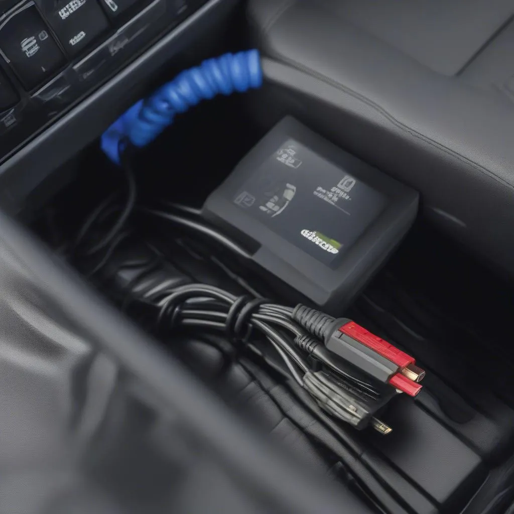 Kvaser OBD II adapter cable plugged into a European car's OBD II port