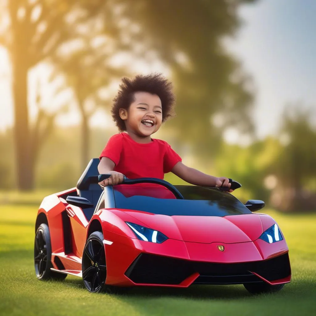 A young child smiling while riding a Lamborghini child car