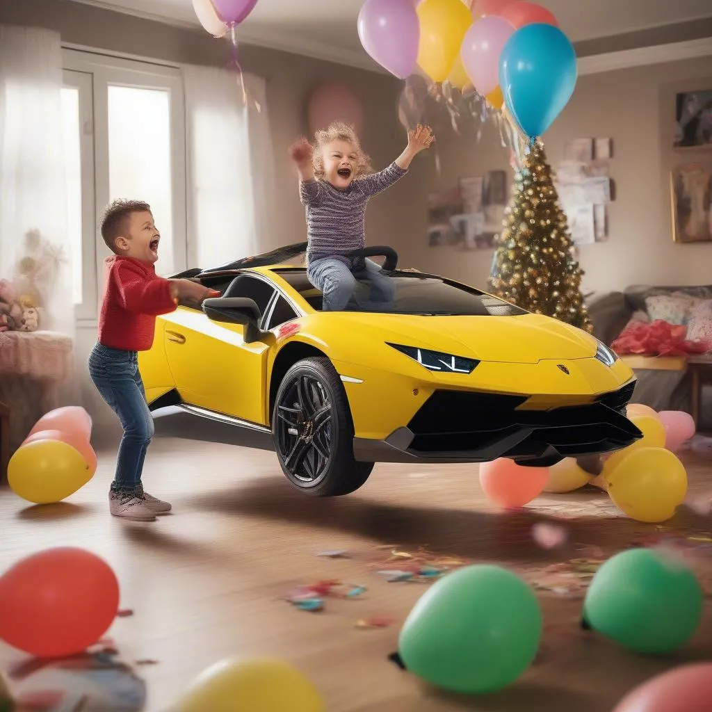 A parent giving a Lamborghini child car as a gift to their child