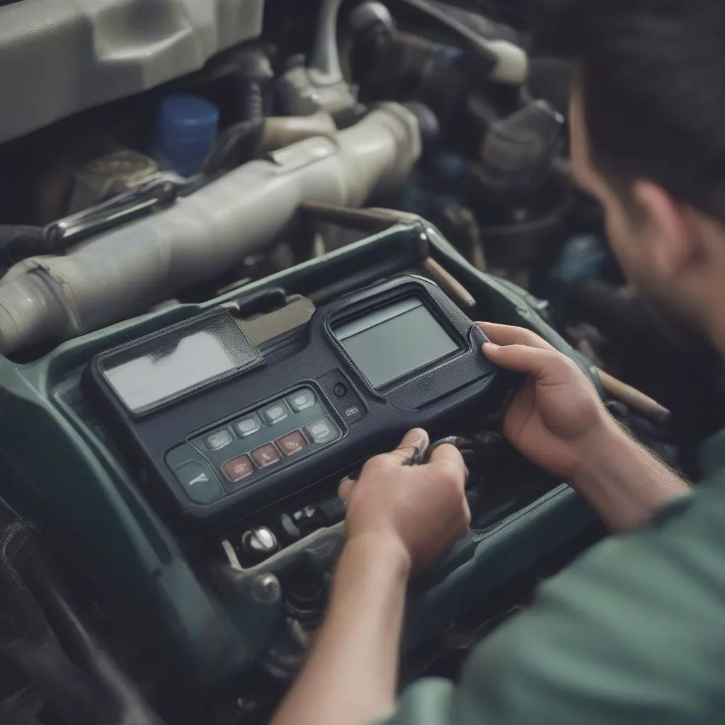 Mechanic using a diagnostic tool