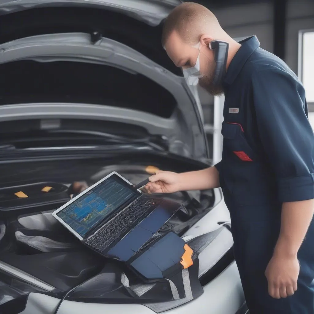 A Mechanic using a Laptop Diagnostic Kit OBD2 for European Cars