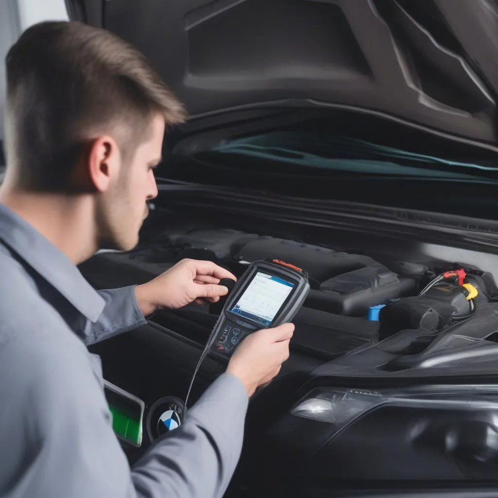 Mechanic using Leon S Kennedy OBD to diagnose a BMW