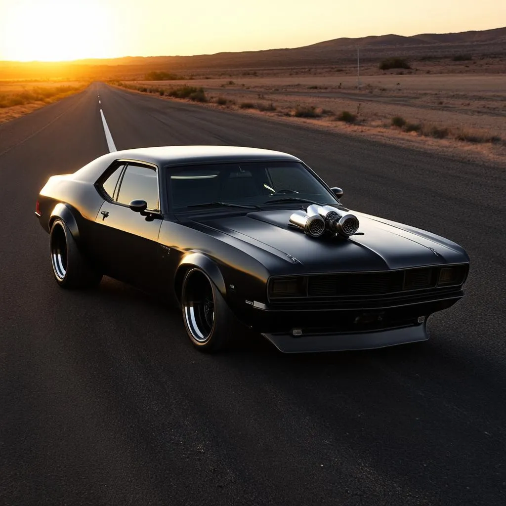 A meticulously crafted replica of the Mad Max Interceptor, gleaming under the sun on a desolate highway. The iconic supercharger is on full display, hinting at the power within.