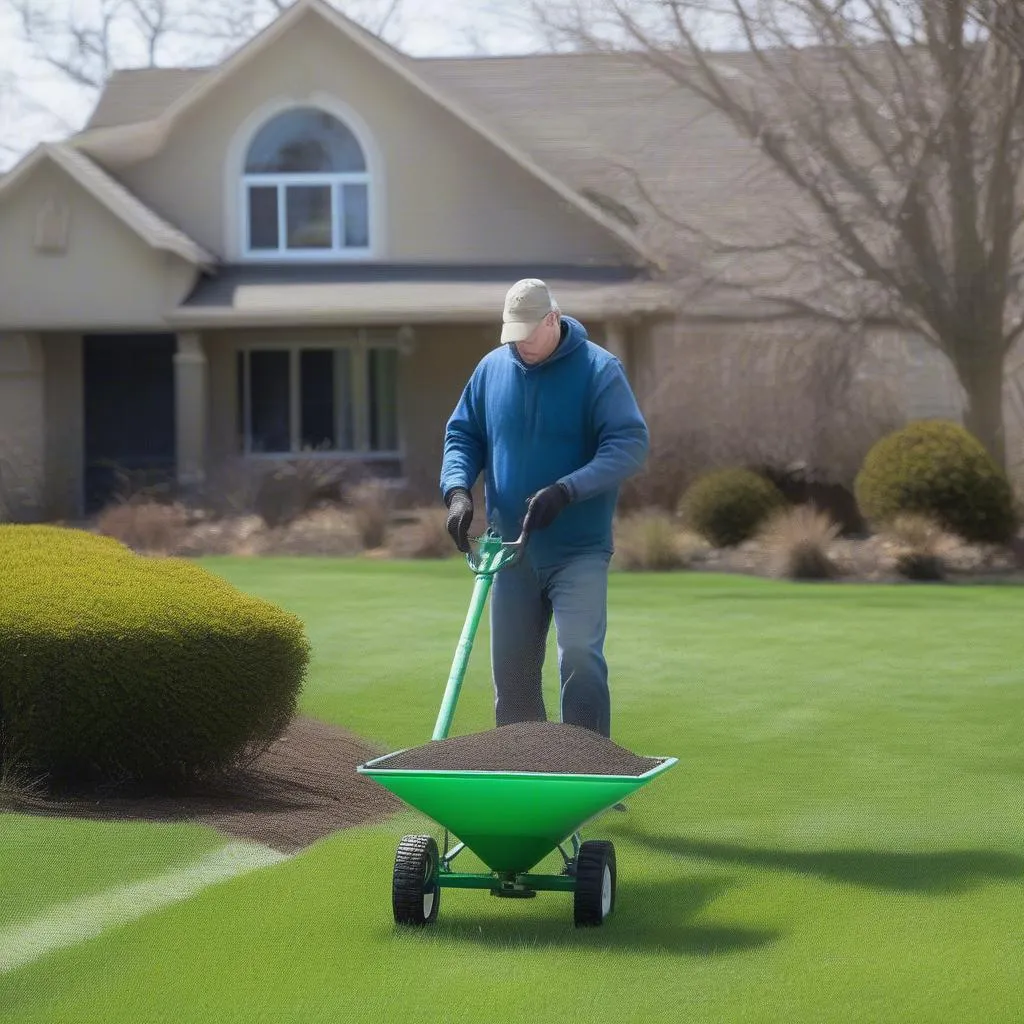 Applying fertilizer to lawn in March