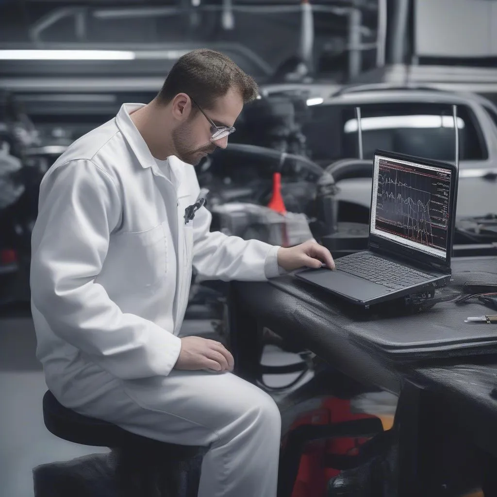 Mechanic analyzing data from a CAN FD OBD scanner