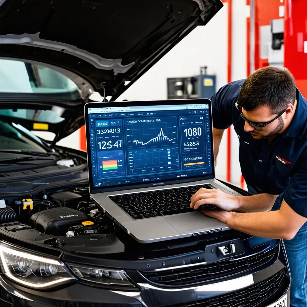 Mechanic using a laptop for car diagnostics