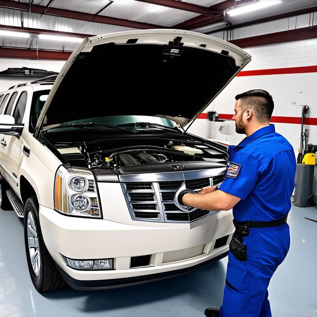 Mechanic Inspecting Cadillac Escalade