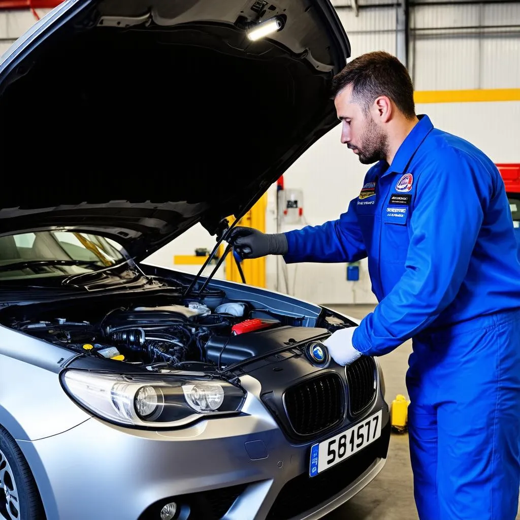 mechanic checking car engine with flashlight