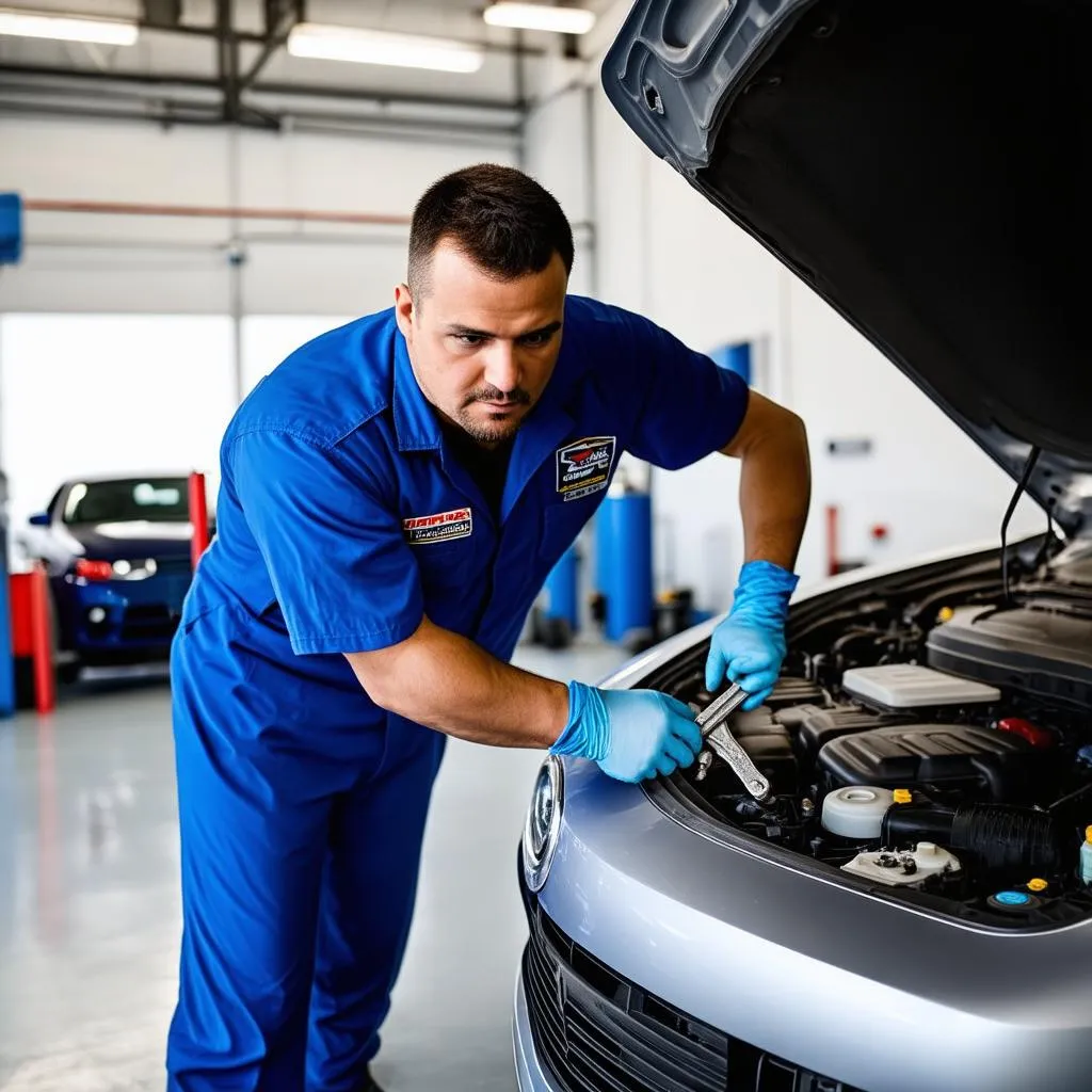 Mechanic checking car engine