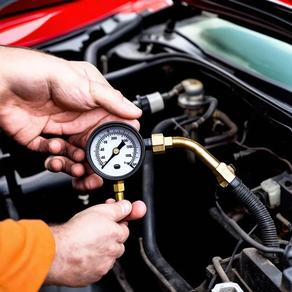 Mechanic checking fuel pressure