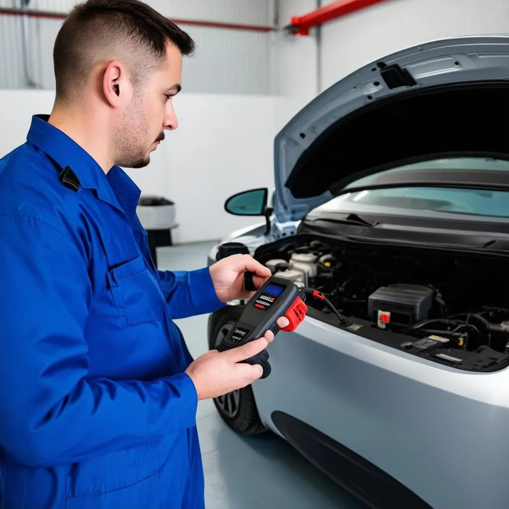 Mechanic diagnosing car problem