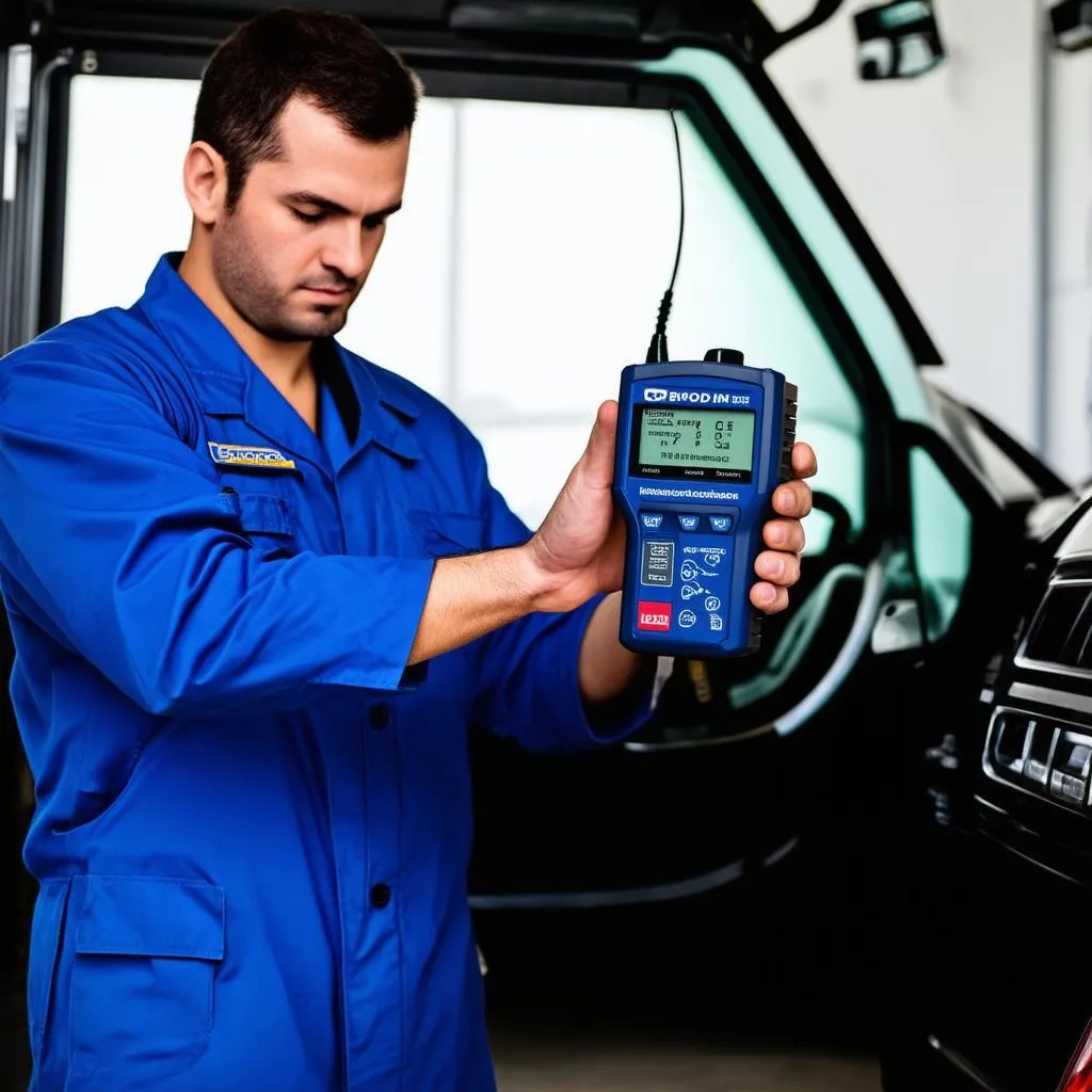 Mechanic Examining OBD-II Scanner in Garage