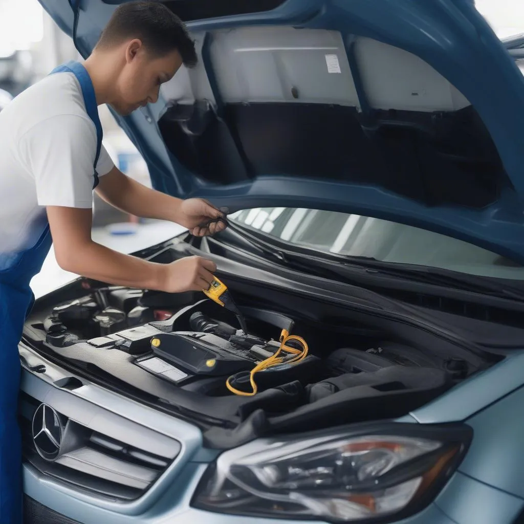 Mechanic connecting OBD scanner to a car's diagnostic port