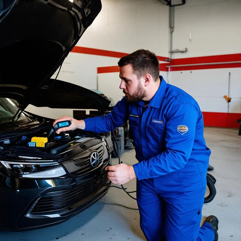 Mechanic Connecting OBD Scanner to Car