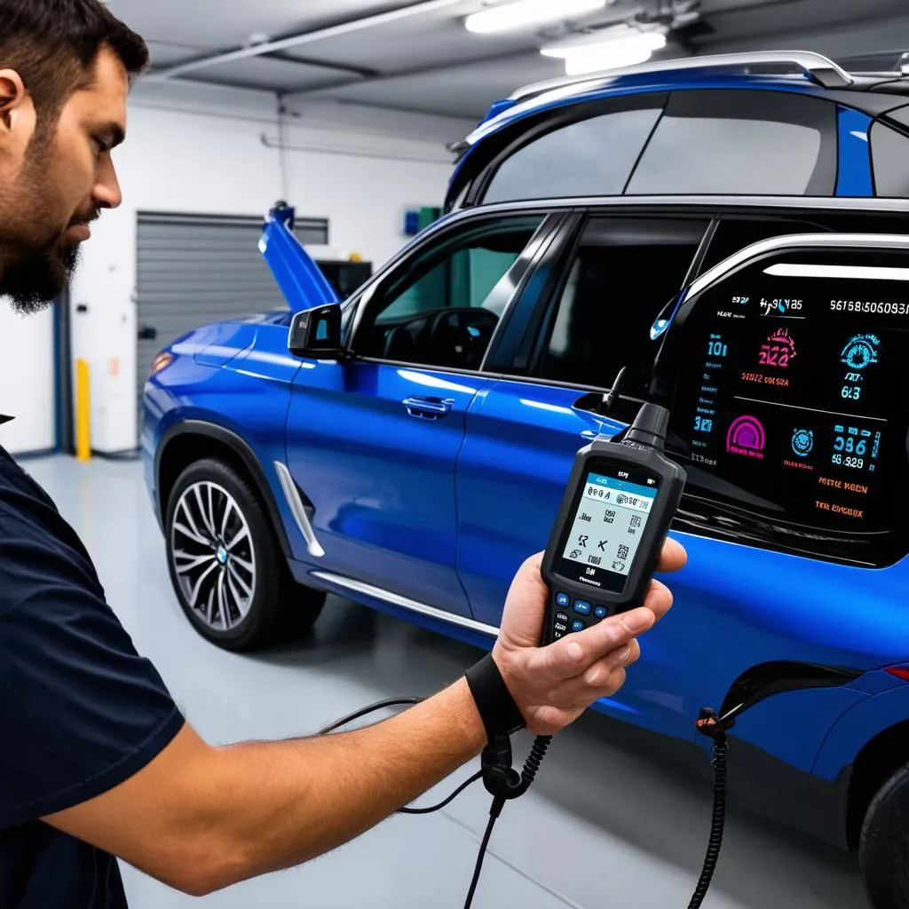 Mechanic connecting scanner to BMW X7