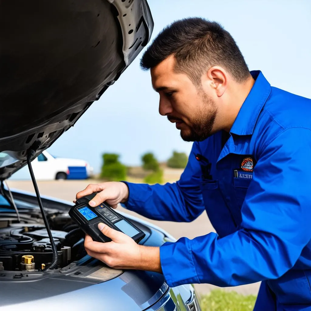 Mechanic Connecting Scanner to Car