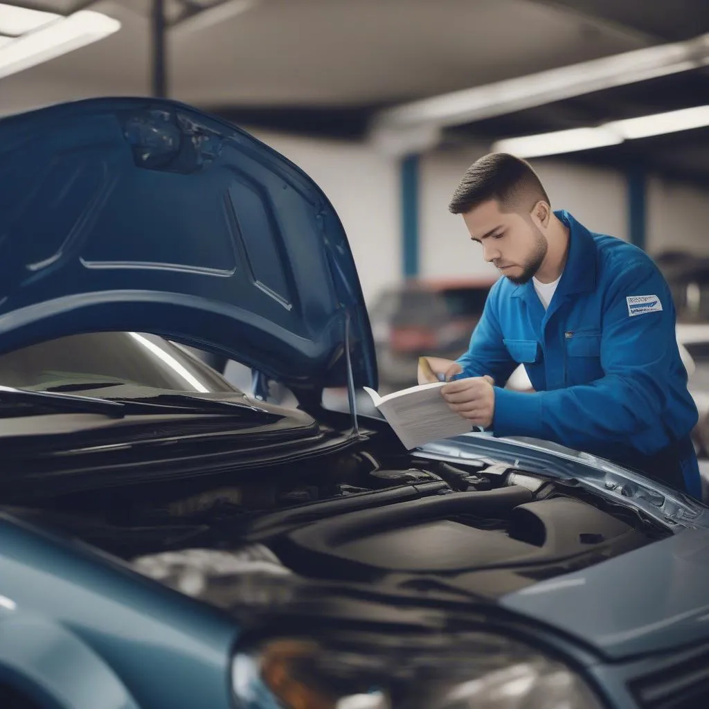 Mechanic consulting a car manual