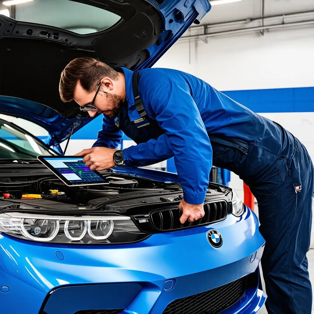 Mechanic using a tablet connected to a car for diagnostics