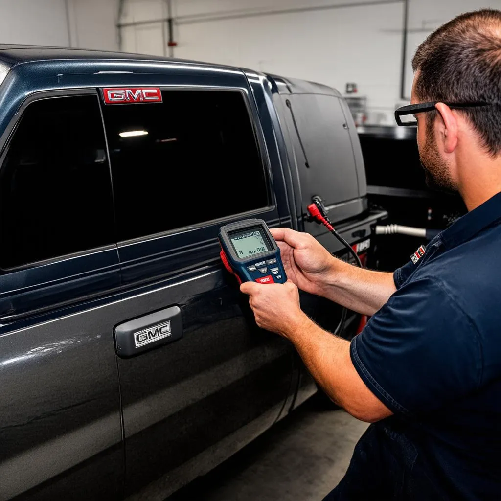 Mechanic diagnosing a GMC pickup