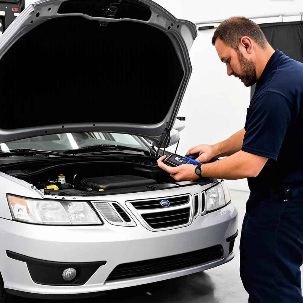 Mechanic Diagnosing Saab 9-3