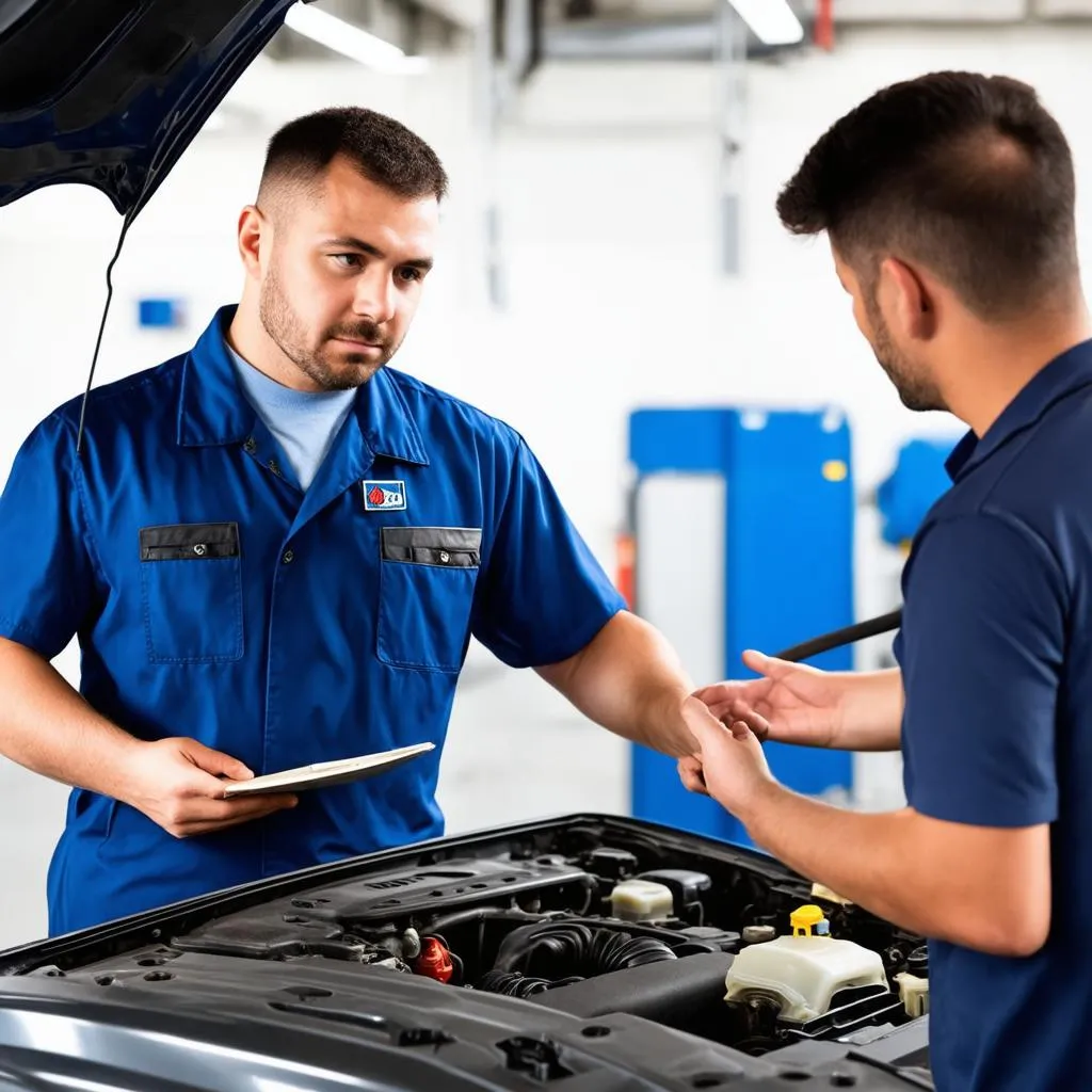 Mechanic explaining a car issue to a customer