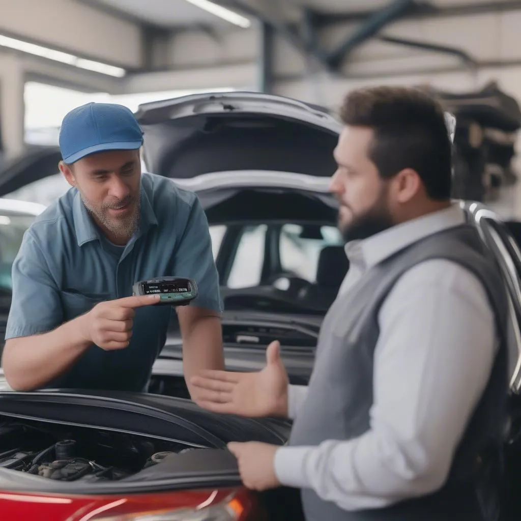 Mechanic explaining OBD codes to a car owner