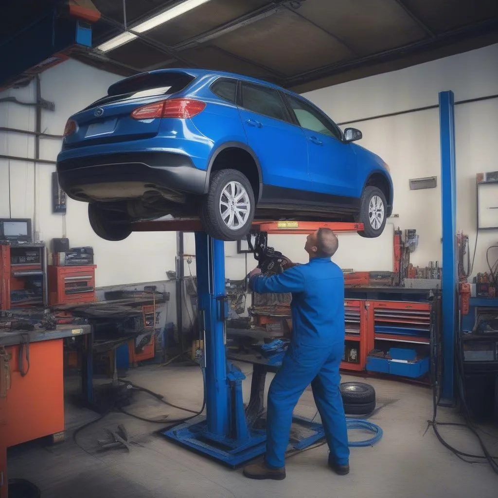 Mechanic fixing ground strap in auto repair shop