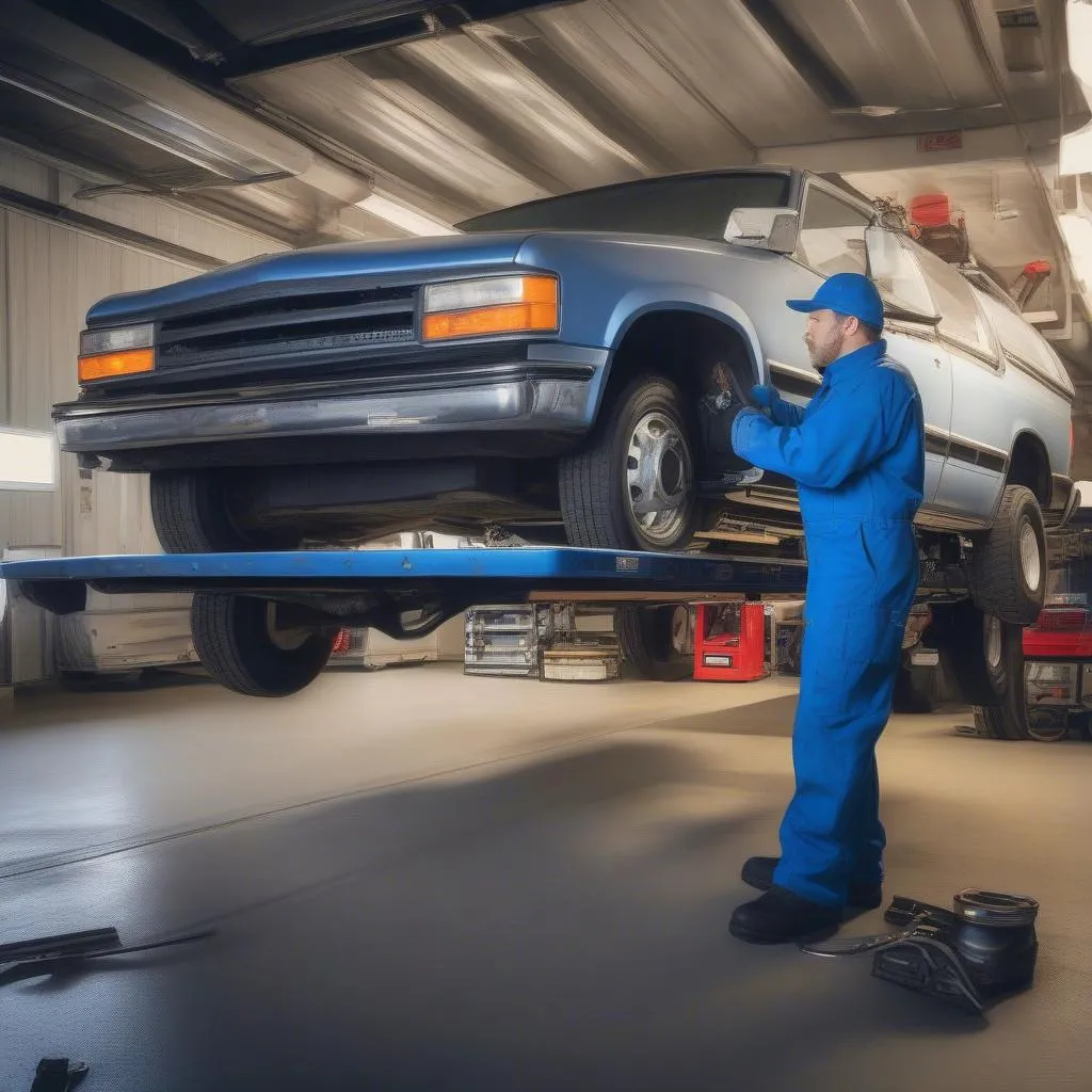 Mechanic inspecting the underside of a car hauler trailer with a flashlight