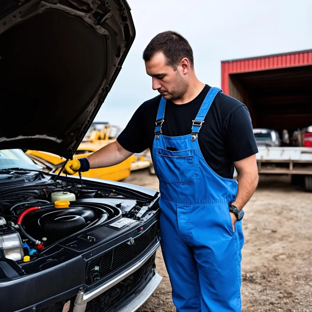 Mechanic inspecting car at a tow yard