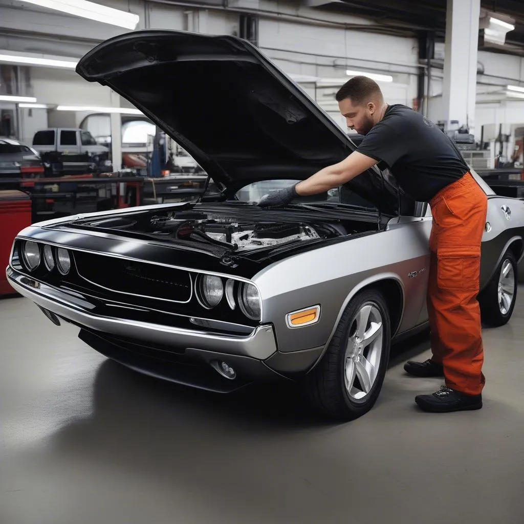 Mechanic Inspecting Dodge Challenger