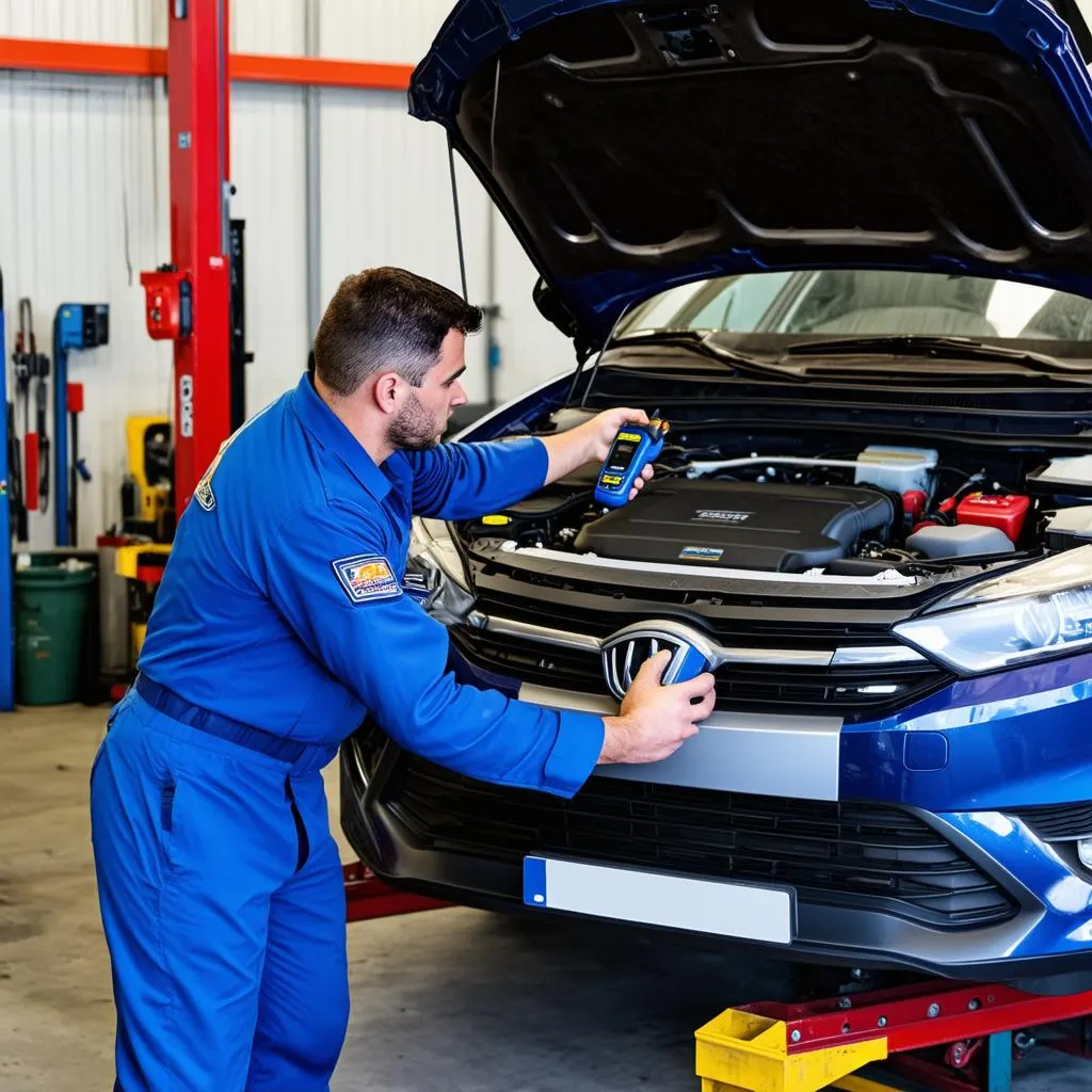 Mechanic inspecting car engine in auto repair shop