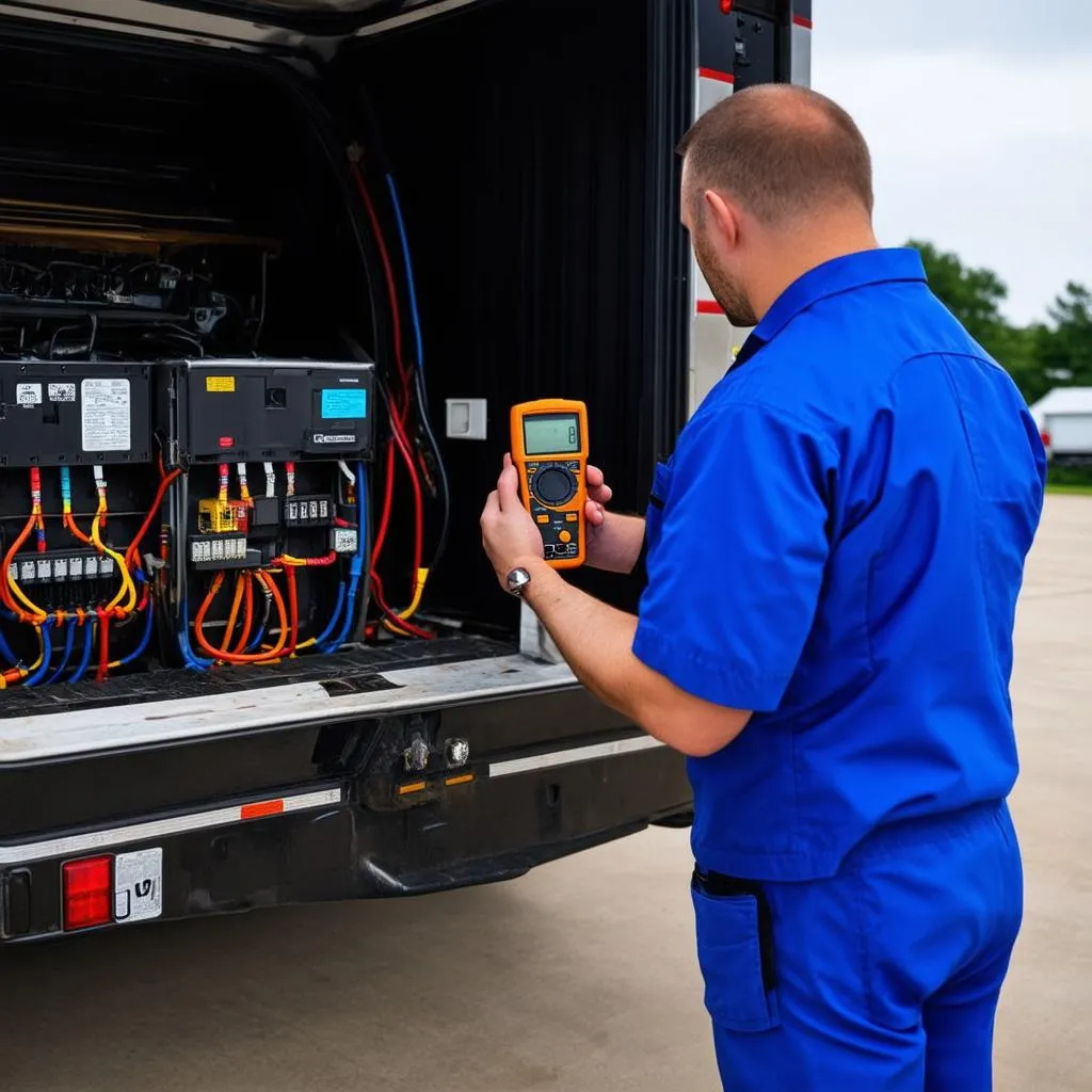 Mechanic inspecting the electrical system of a car hauler