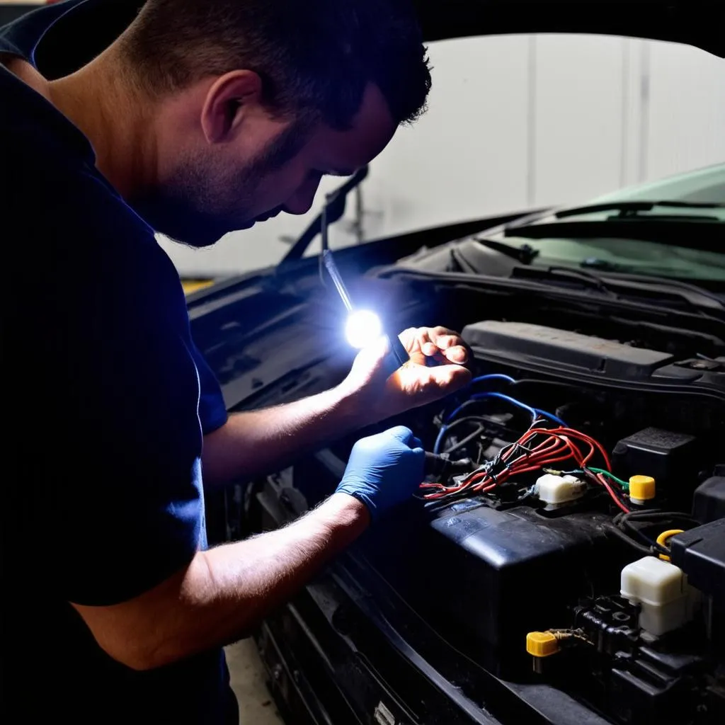 Mechanic Inspecting Car Wiring