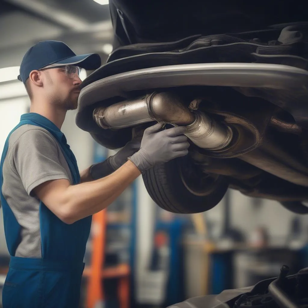 Mechanic Inspecting Catalytic Converter