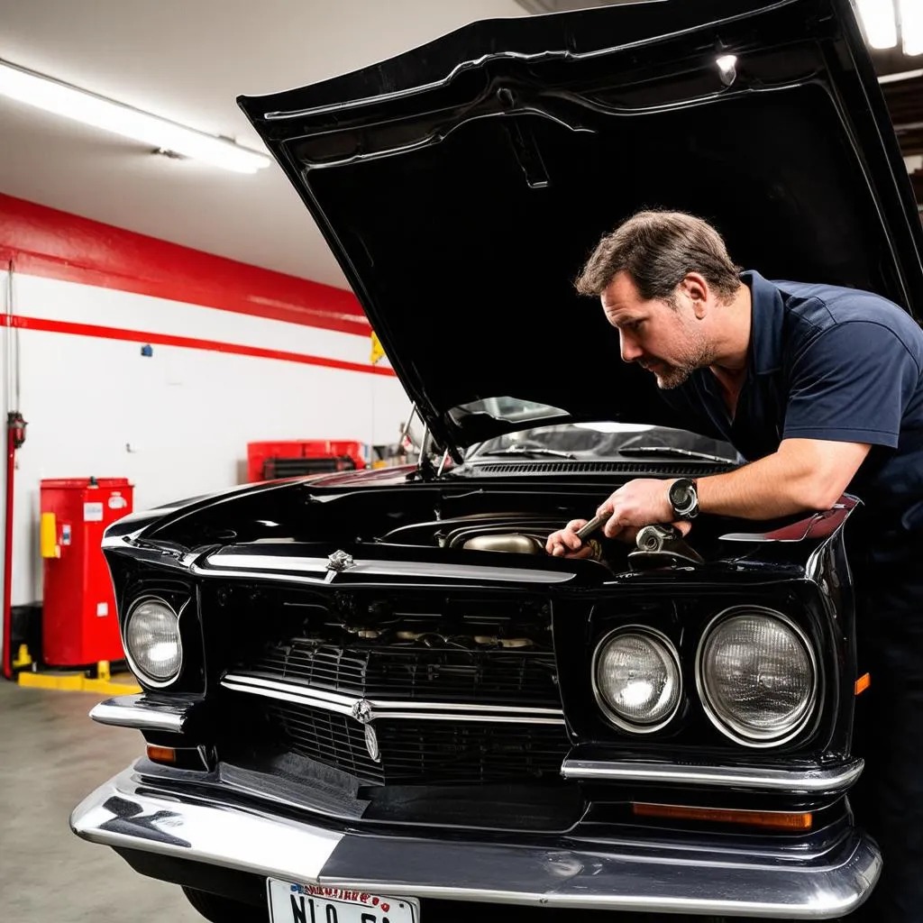 Mechanic Inspecting Classic Car Engine