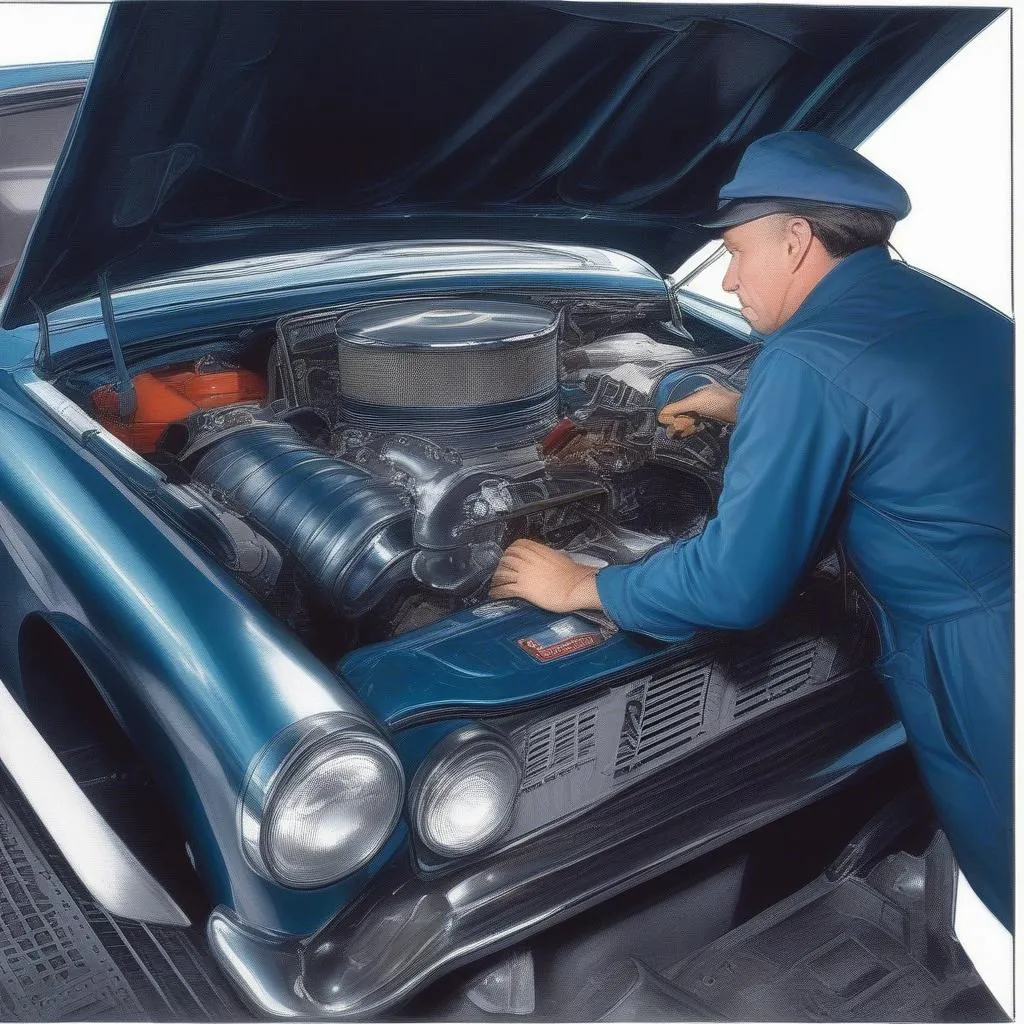 Mechanic Inspecting Classic Car Engine