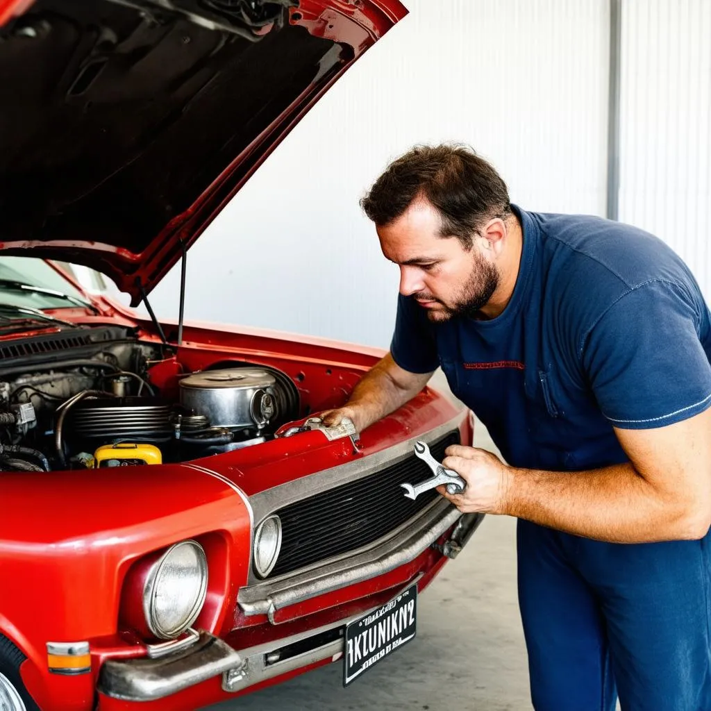 Mechanic checking classic car engine