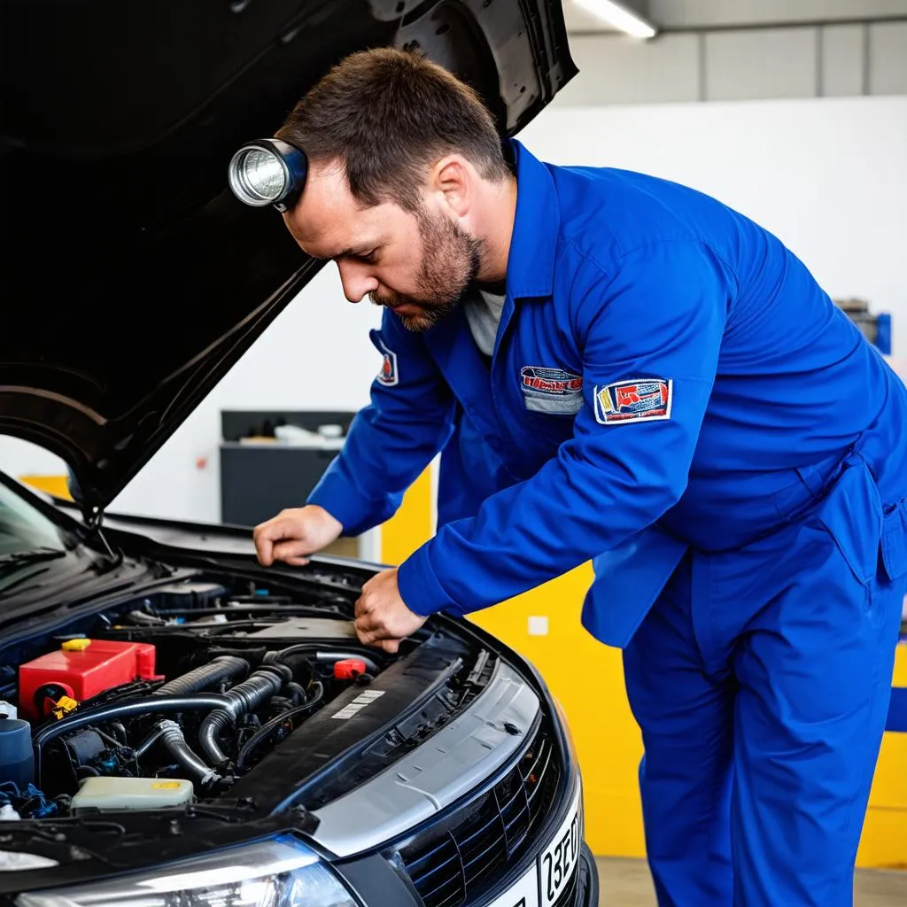 Mechanic inspecting car engine