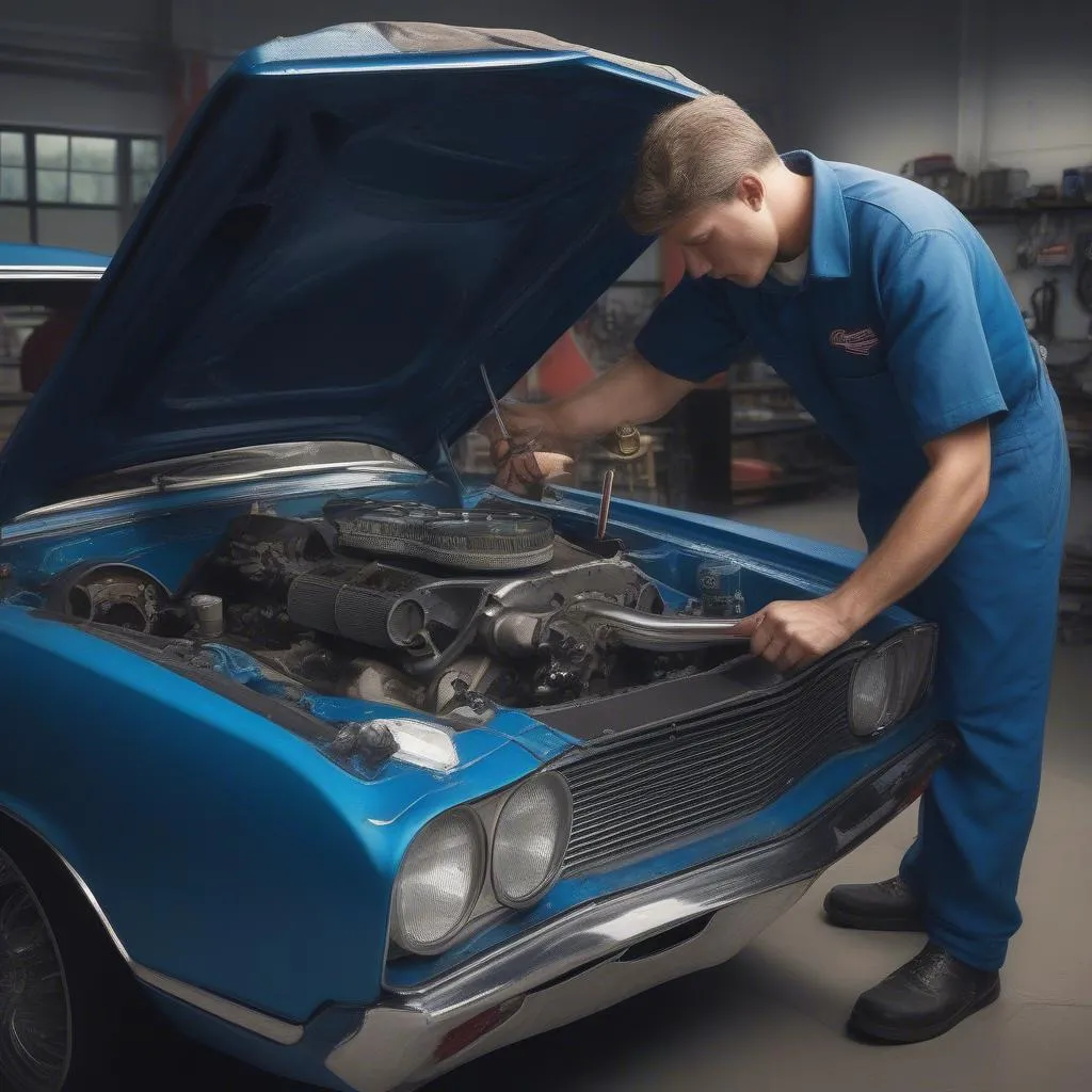 Mechanic Inspecting Engine Classic Car