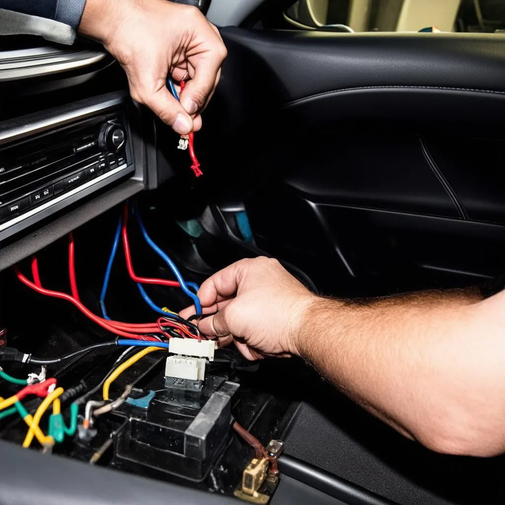 A mechanic installing an aftermarket car audio system in a vehicle