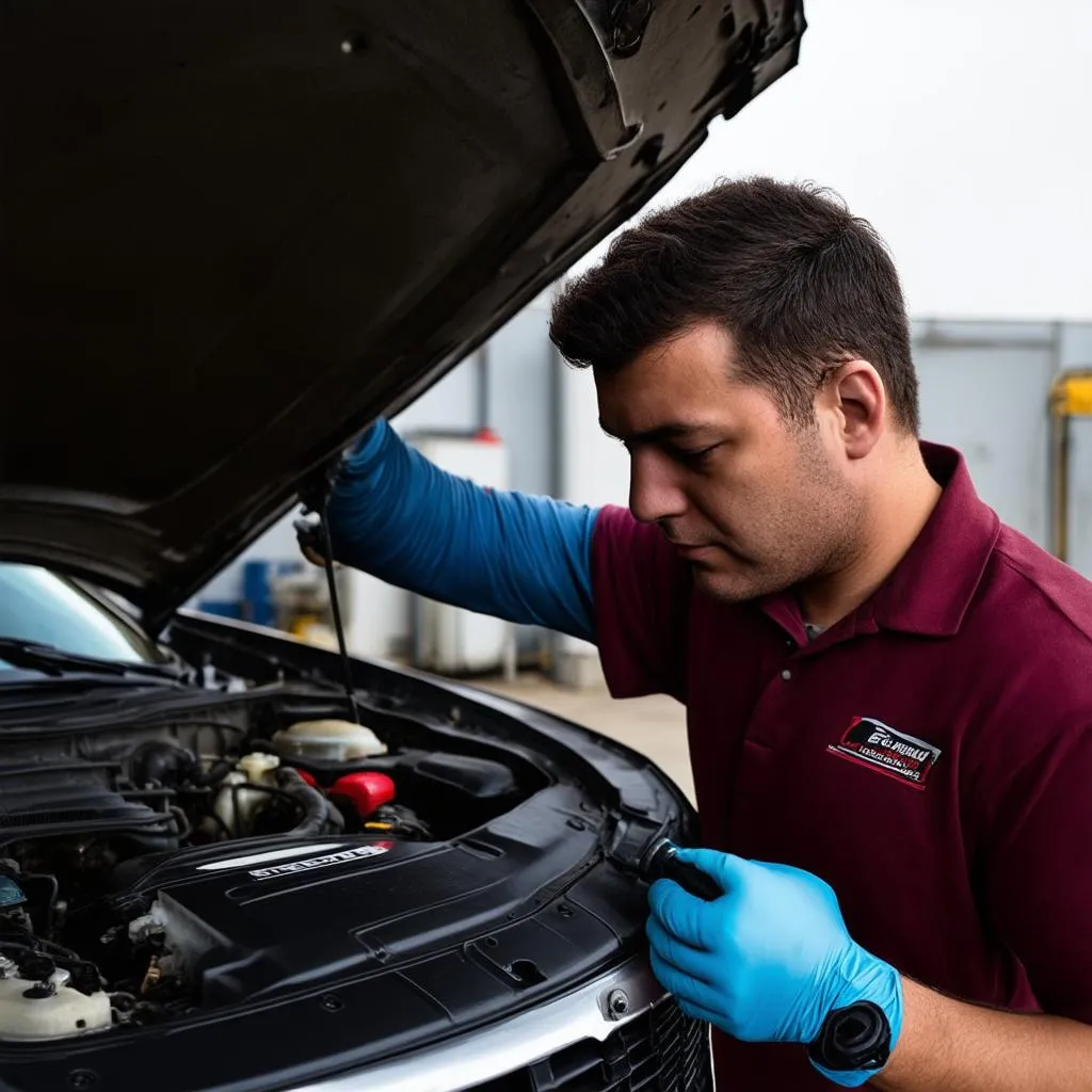 Mechanic installing car horn