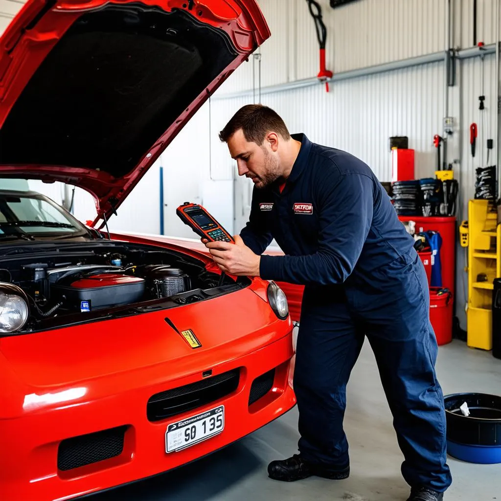 Mechanic using Actron CP9125 to diagnose a car