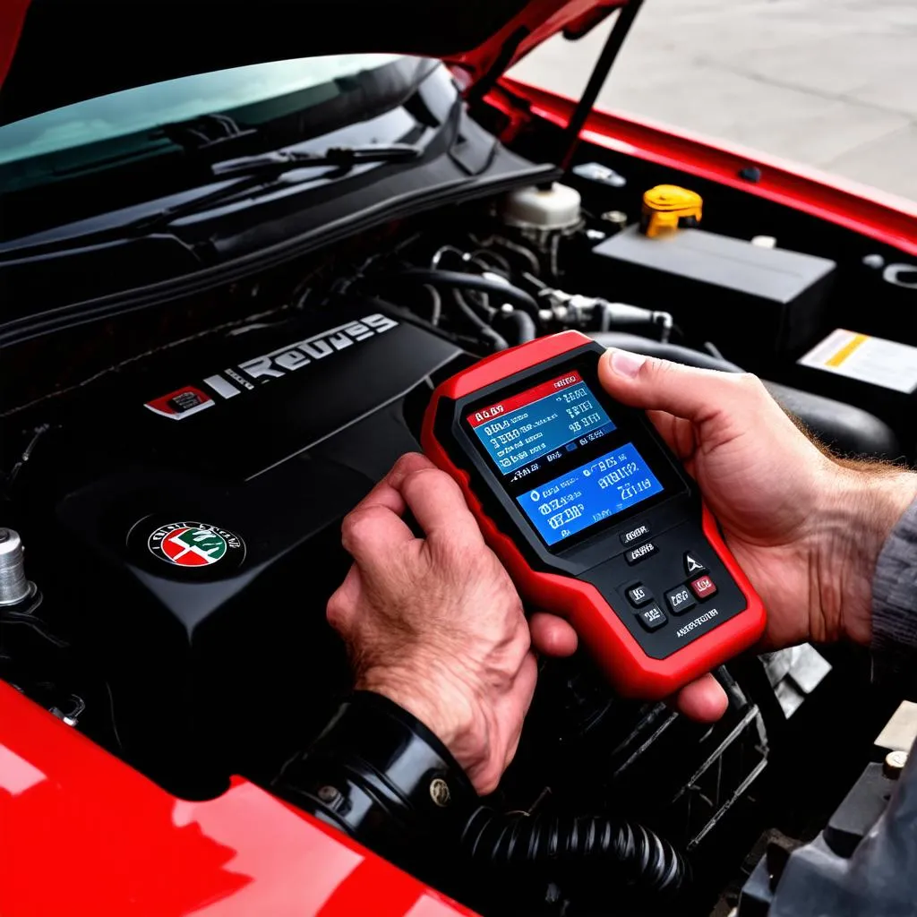 Mechanic using an OBD scanner on an Alfa Romeo engine