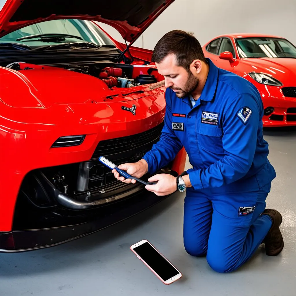 Mechanic diagnoses a car with a Bluetooth OBD reader and an iPhone. 