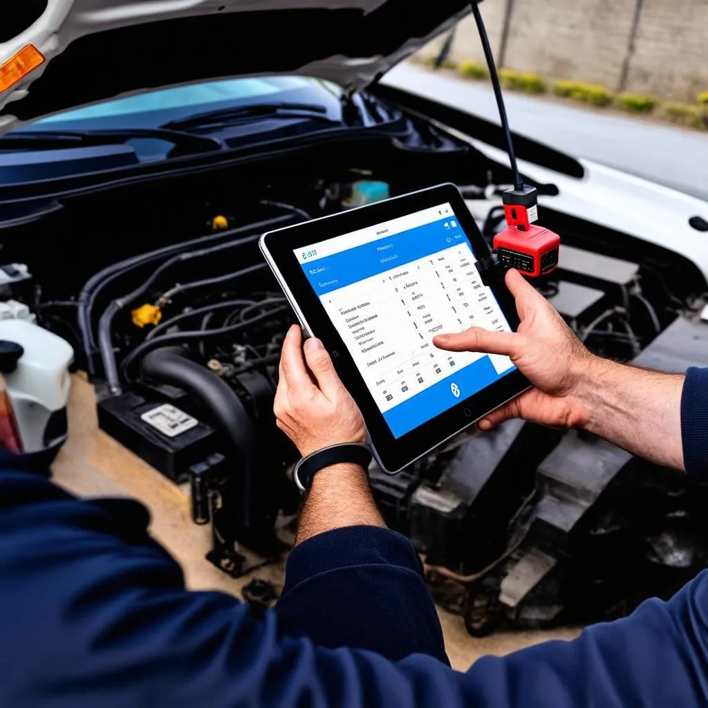 Mechanic Using Bluetooth OBD2 Scanner