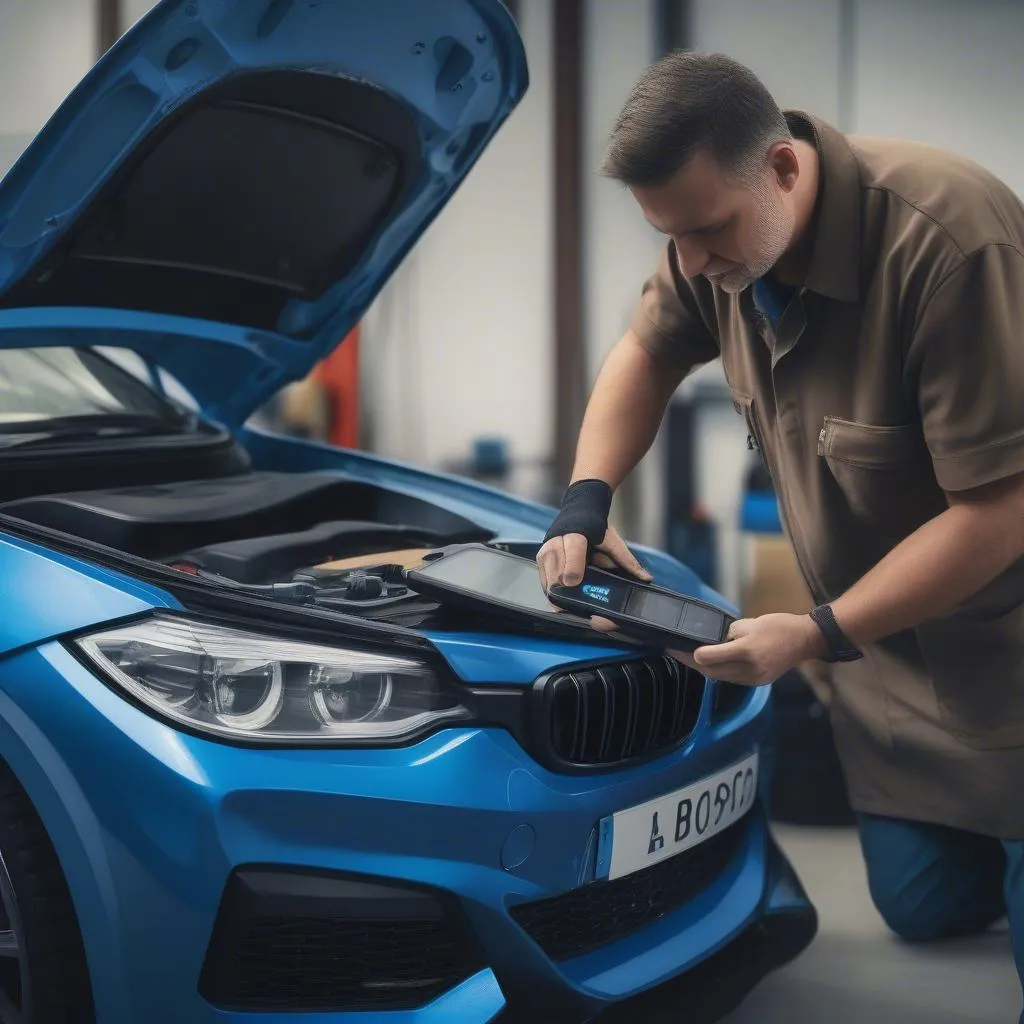 Mechanic using Bosch OBD Scanner on a BMW in a garage