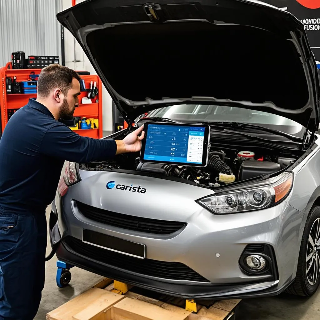 A mechanic using Carista OBD Fusion on his tablet to diagnose a car issue